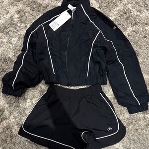 Black Track Jacket & Shorts Set with White Piping